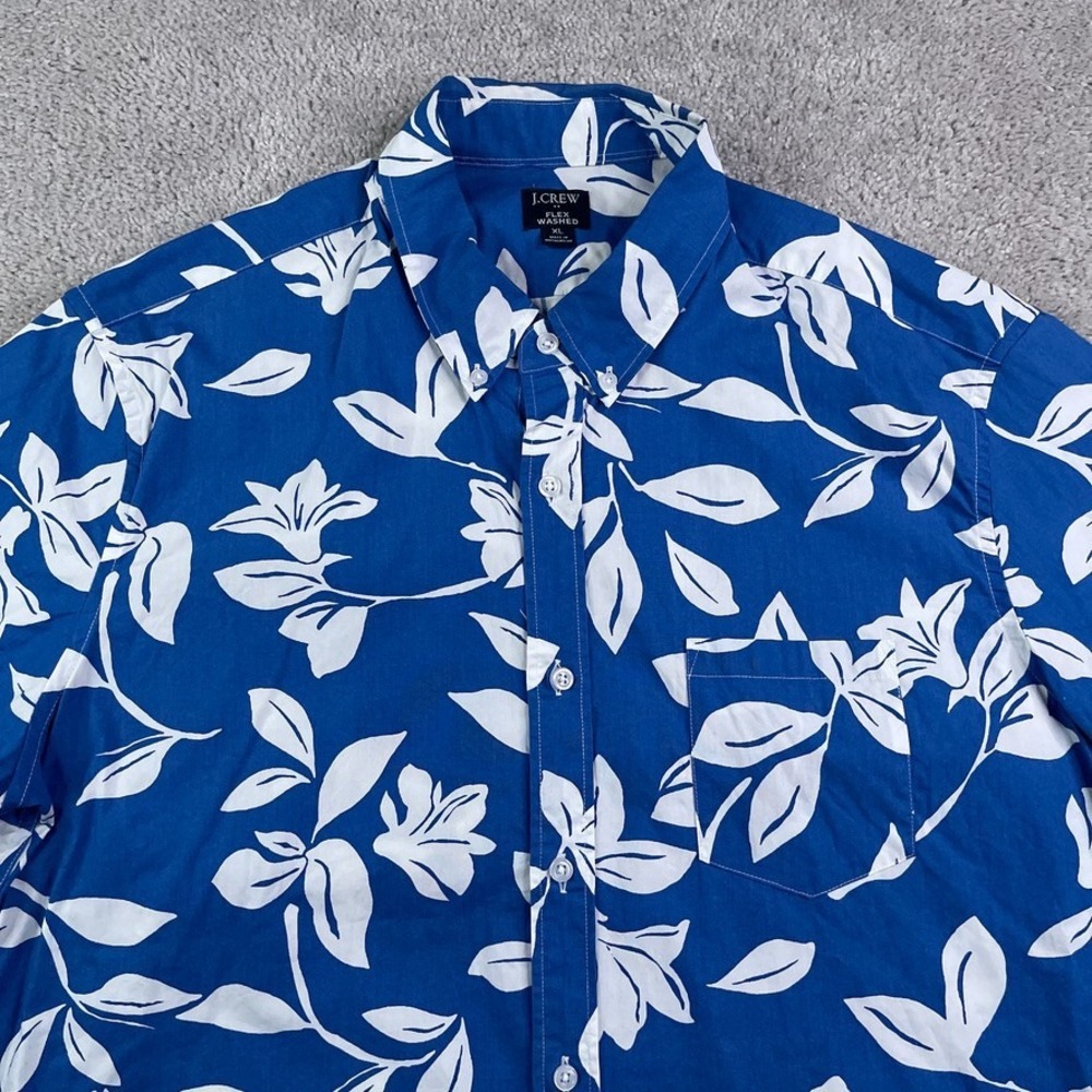 J Crew Shirt Mens XL Blue Floral Hawaiian Camp Flex Washed Casual Button Up‎